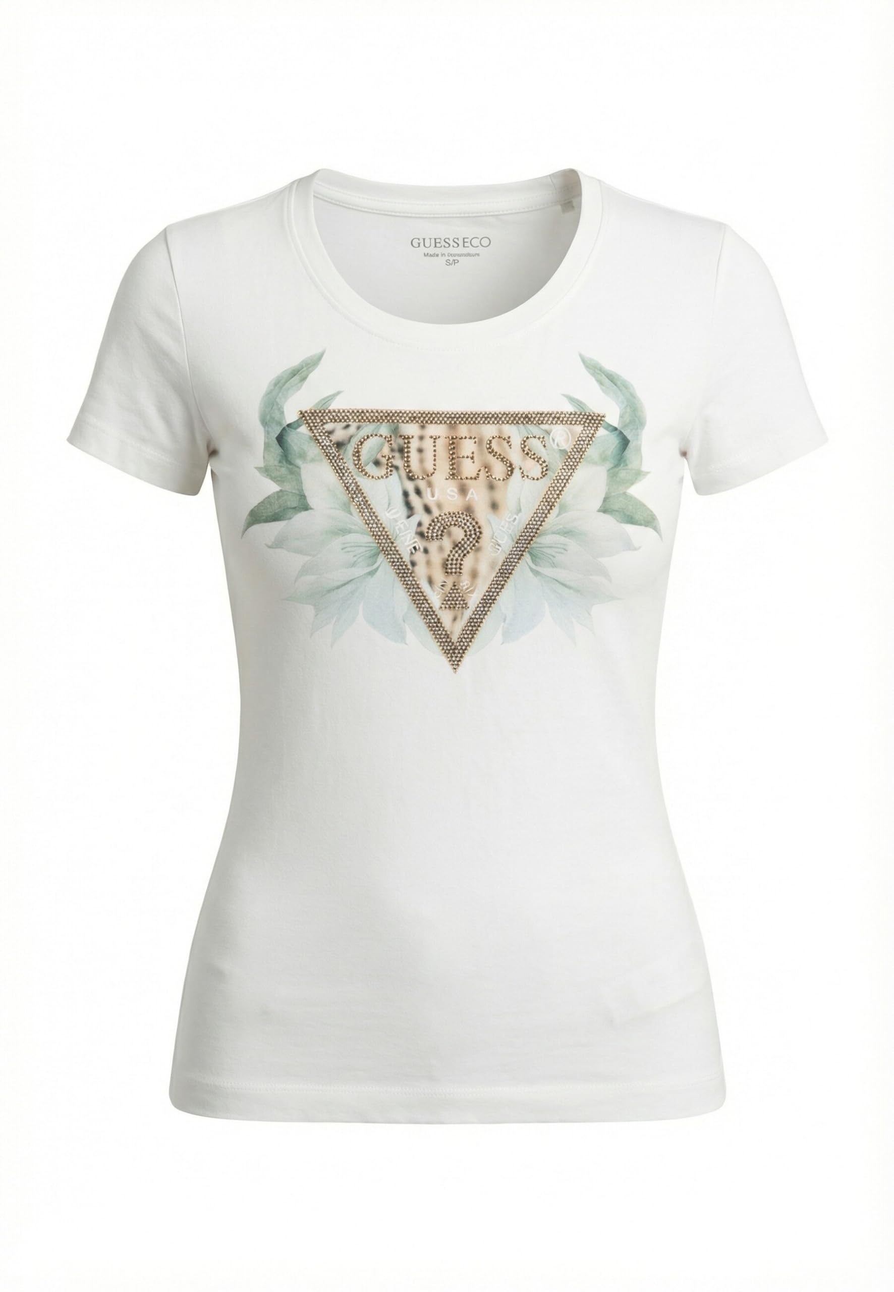 Guess Maglietta A Triangolo Da Donna A Maniche Corte Con Fiori, Bianco Puro., S-image