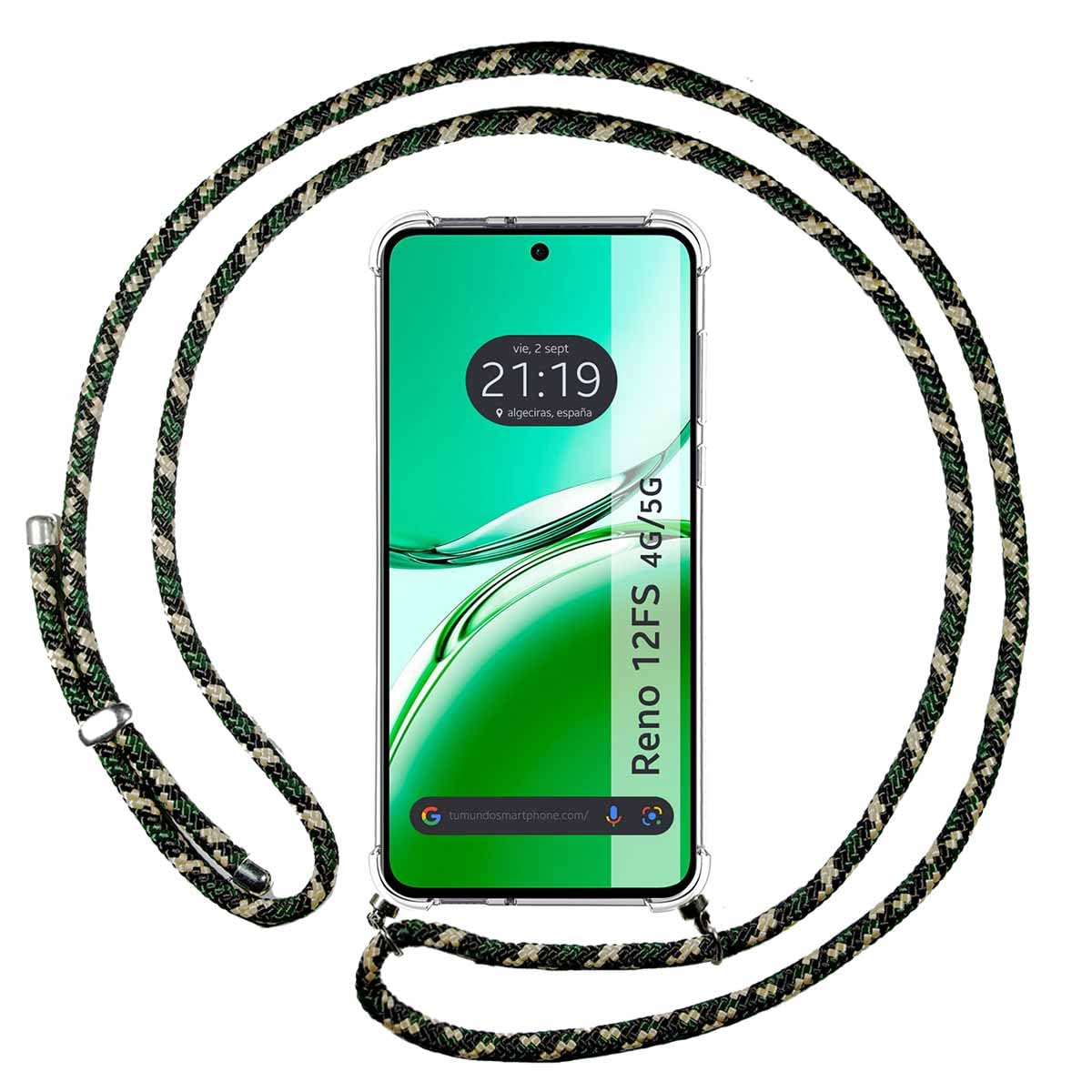 Tumundosmartphone Transparent Case with Cord for Oppo Reno 12FS 4G / 12 FS 5G Green/Gold, Gel