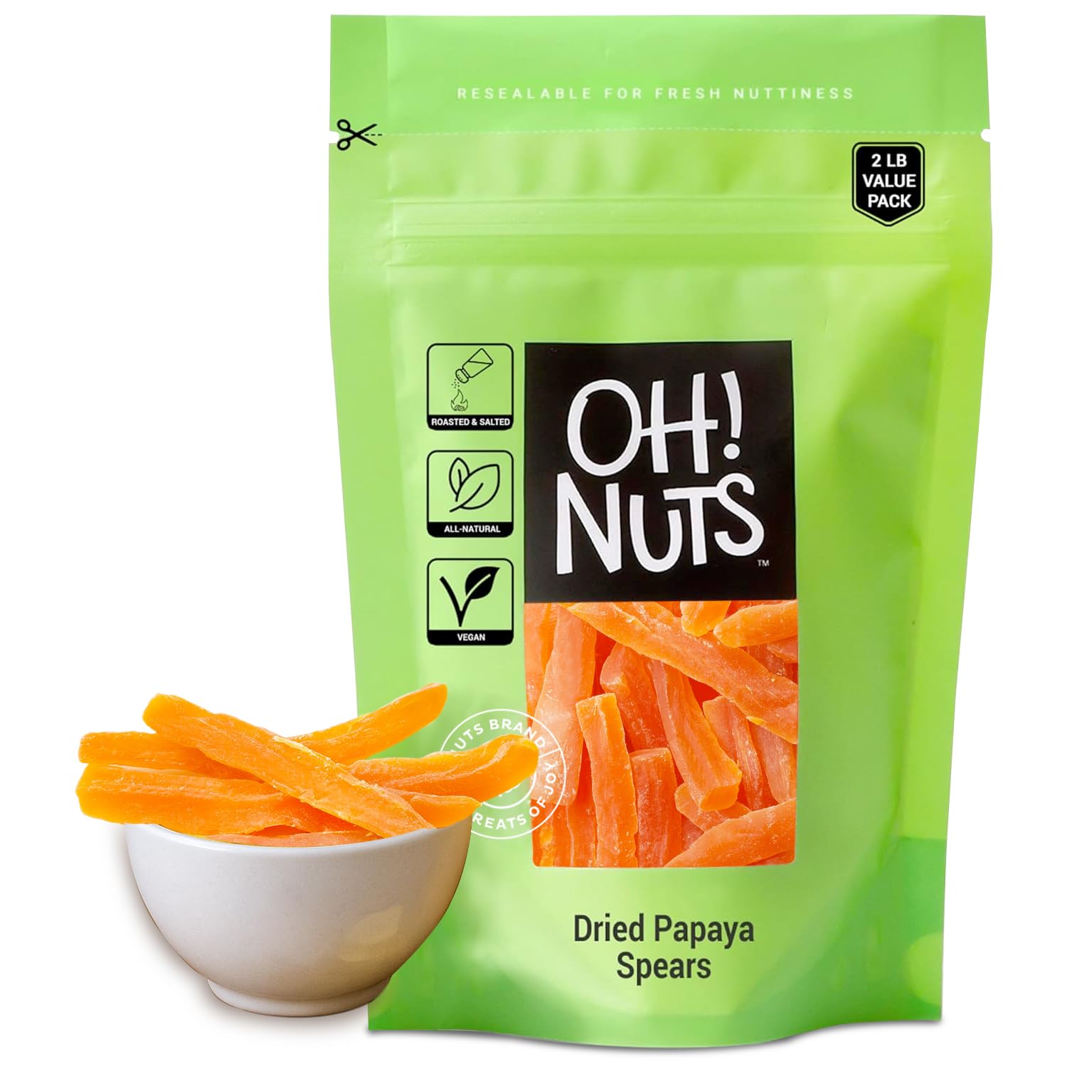 Oh! Nuts Dried Papaya Spears - 2 lb - Dried Fruit Spears - Less Sugar Added - Dehydrated Fruit Bites - Packed in New York Zip-Seal Bag for Exceptional Freshness
