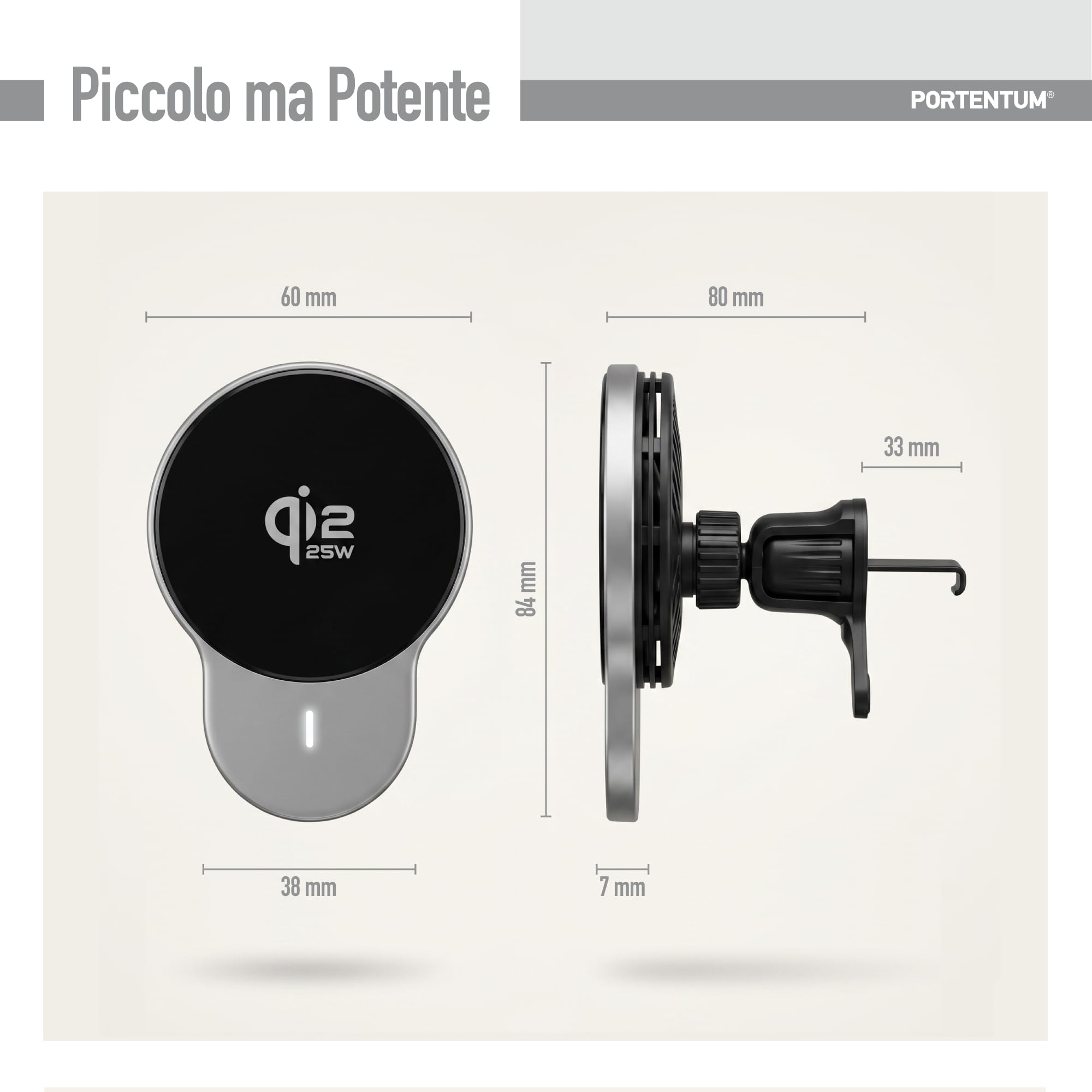 PORTENTUM Caricatore wireless auto Qi2.2 25W certificato nel 2026 – Raffreddamento attivo – Potenti magneti N52 – Supporto telefono auto con cavo USB-C 60W – Compatibile con MagSafe, iPhone e Qi