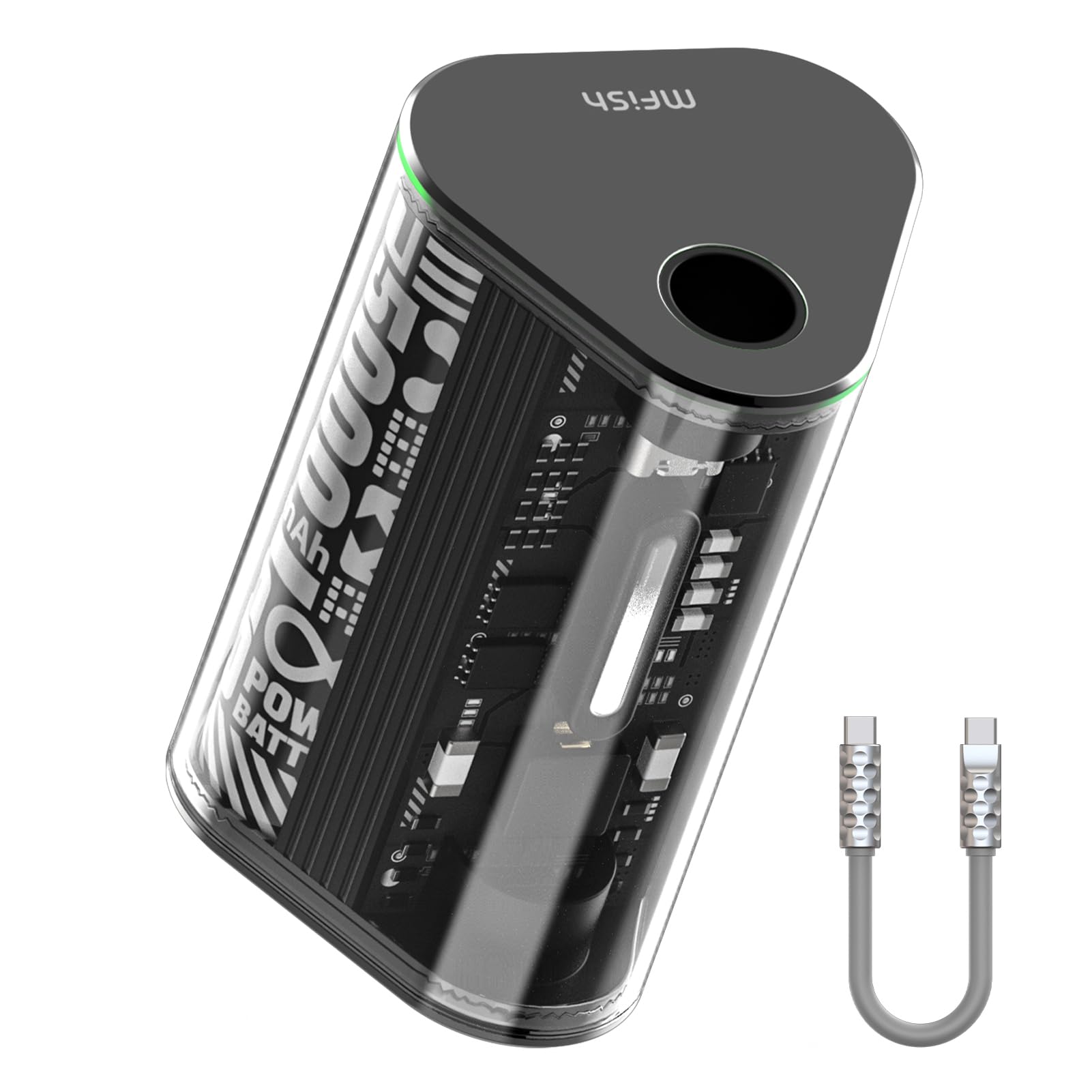 MFish Portable Charger Power Bank GaN Tech 10000mAh with 20W Gallium Nitride Fast Charging,Built-in Type-C Cable,Transparent PC+ABS Shell Green, MFISH-E3T