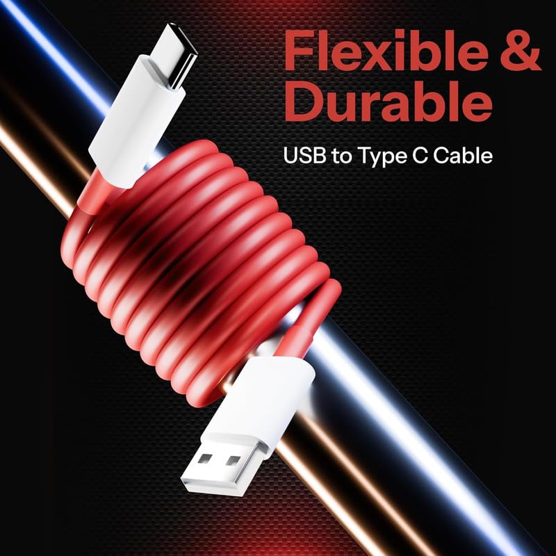 Image of OnePlu-s Compatible Warp /Dash Charge USB Type-C Cable | Fast Charging Cable for OnePlu-s 11, 10 Pro, 9R, 8T, 7T (1m /100cm, Red & White)