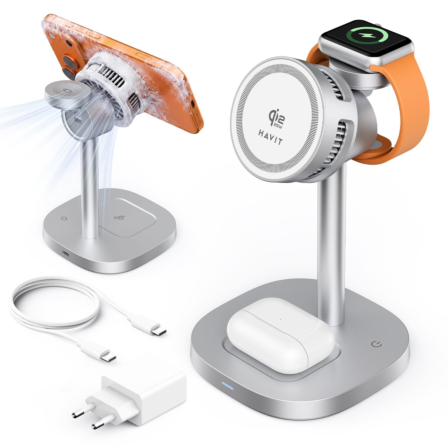 Qi2.2-25W MagSafe Ladestation, 3-in-1 kühlung tischladestation für iPhone | ladestation Apple Watch und iPhone, Wireless Charger für iPhone 17/Air, Airpods,induktive ladestation Samsung S26/S25