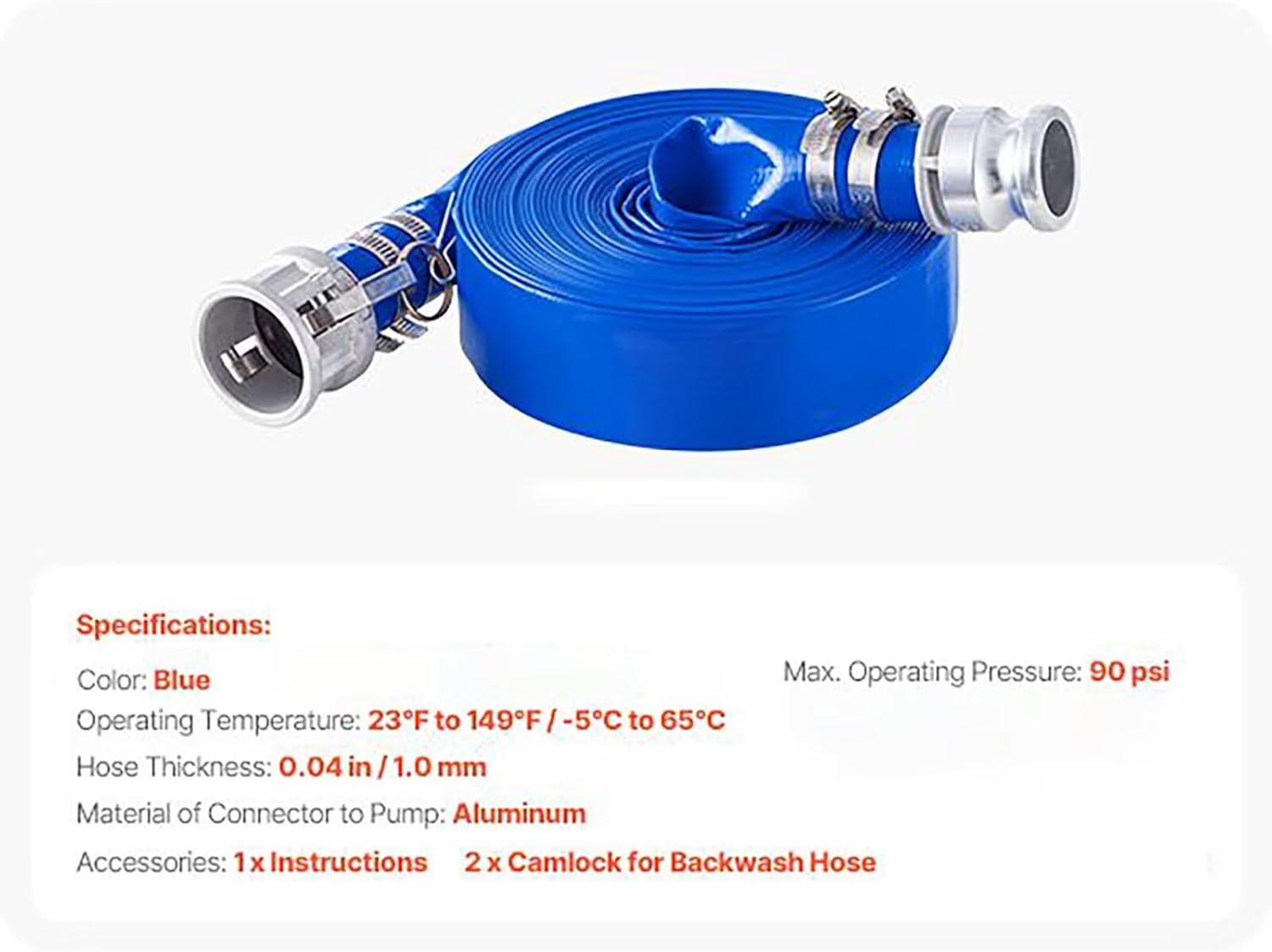 4" ID × 100 ft Pool Backwash Hose, Heavy Duty Reinforced Blue PVC Lay Flat Water Discharge Pump Flat Hoses, with Aluminum Camlock C and E Fittings