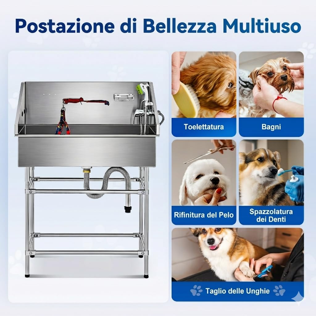 CO-Z 86 cm Vasca da Bagno per Cani Extra Elevata Altezza 120 cm, Vasca Toelettatura Professionale per Animali Domestici con Spruzzatore, Doccia per Toelettatura in Acciaio Inossidabile capacità 80 kg