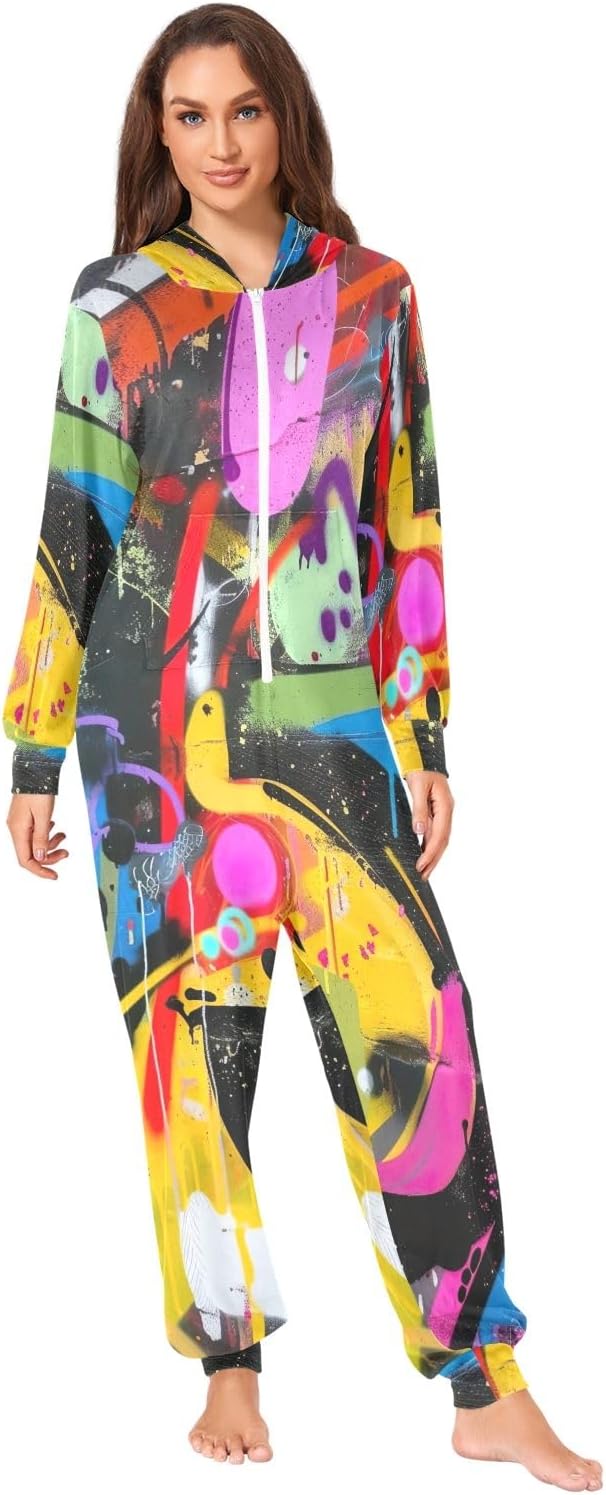 GAIREG Graffiti Painting Abstract Style Adult Onesie Pajamas, Ultra Soft Plush One Piece Jumpsuit for Men Women
