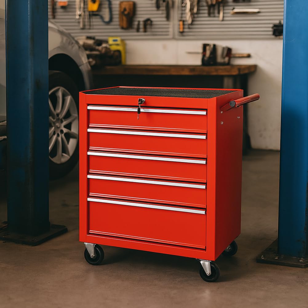 Carrello Portautensili con 5 Cassetti in Acciaio, Carrellino per Attrezzi Multiuso, Armadietto per Strumenti di Lavoro con Ruote, Ideale per Officine, Garage, Fai da Te, 68 x 33 x 78 cm