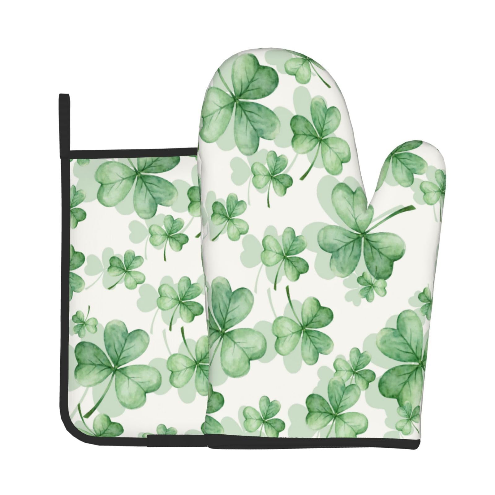 St. Patricks Day Oven Mitts and Pot Holders Sets Green Clover Shamrock Oven Mitts Heat Resistant Spring St. Patricks Kitchen Gloves Hot Pads Two Piece Set for Cooking Baking Grilling BBQ