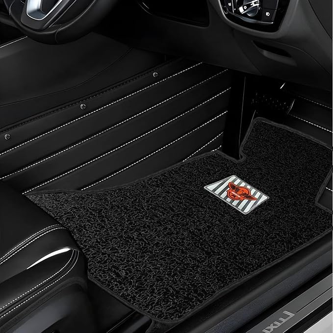 Image of Premium 12D Car Foot Mat for Mahindra Thar (2015-2019) | Luxury Leather | Double Layered | Waterproof and Washable | Custom Fit | Detachable Grass Mat | Black and Silver