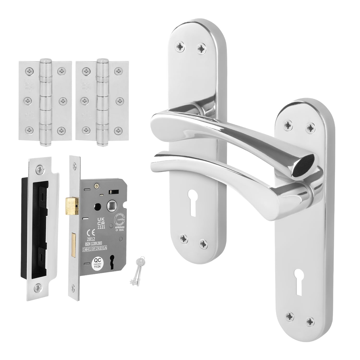 EAI Chrome Door Handle Key Lock Set, 1 Pair Polished Chrome Internal T-Bar Handles, Hinges 76mm, Sash Lock 64mm - Novoli
