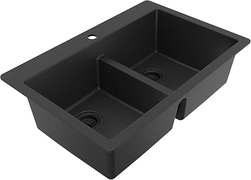 Miniatura 7 de QT-810 - Fregadero de cocina de doble cuenco compuesto de cuarzo negro de 33 pulgadas, divisor bajo 5050, 80% cuarzo natural, resistente al calor de