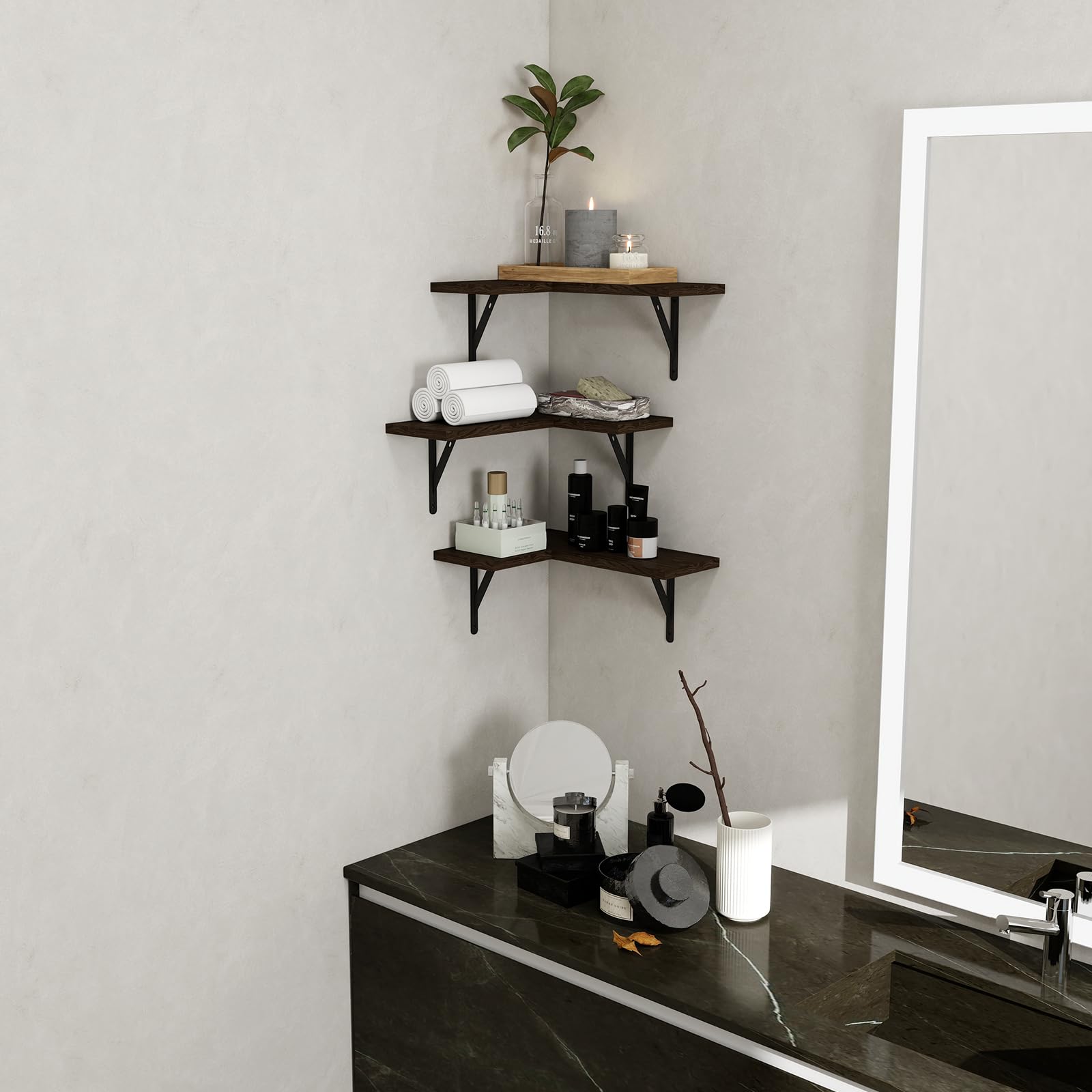 Etagere Angle Flottantes Lot de 4, Imperméable, Anti-Moisissure, Tablette Bois Murale Etagere Rangement en Bois Rustique pour Salon Chambre Bureau Salle de Bains, Cuisine