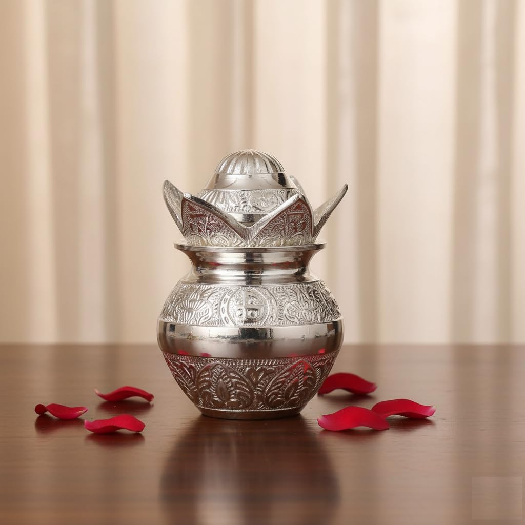 Silver Plated Pooja Kalash with Coconut and Red Velvet Box,Traditional Design, Religious Worship Vessel for Diwali Decor Mangal Kalash