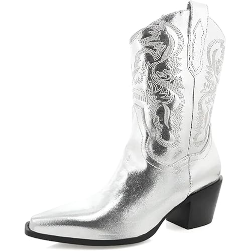Cowboy Boots for Women Cowgirl Boots Metallic Wide Calf Western Boot Pointed Toe Block Chunky Heel Stitching Pull on