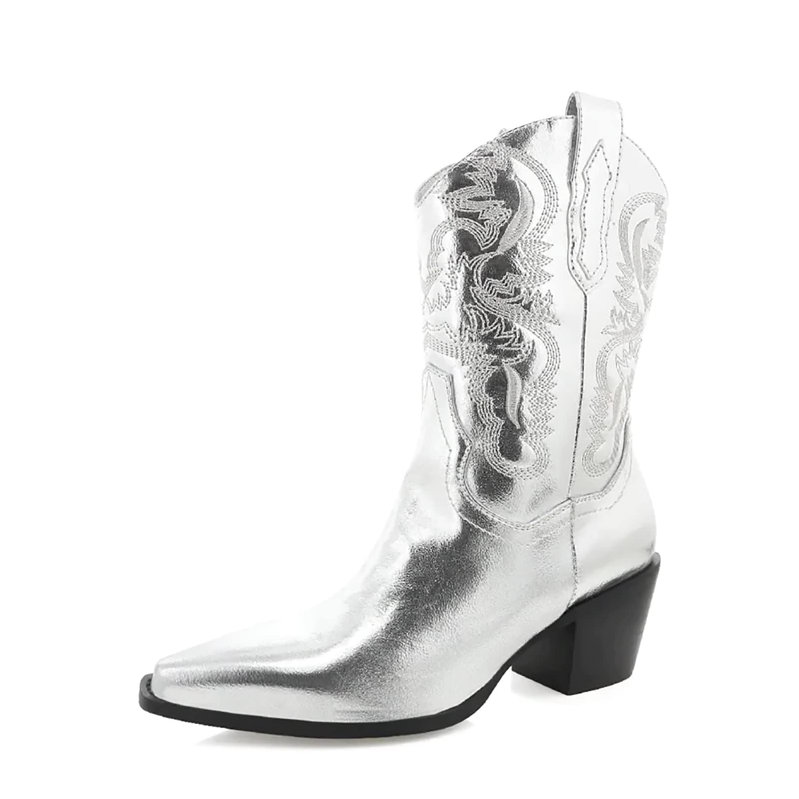 Cowboy Boots for Women Cowgirl Boots Metallic Wide Calf Western Boot Pointed Toe Block Chunky Heel Stitching Pull on
