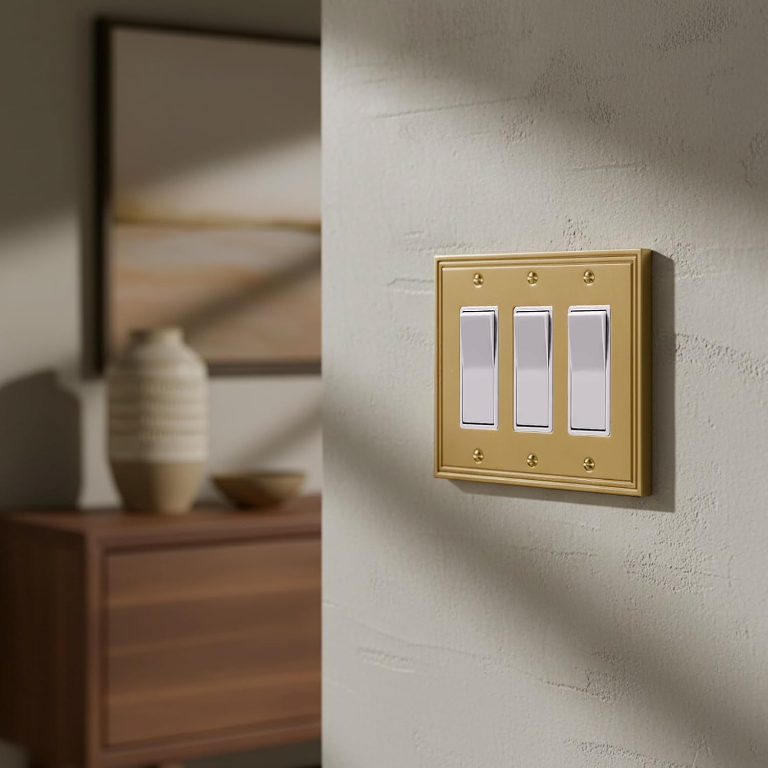 Rio Salto Brushed Brass Gold Metal Triple Rocker Switch Plate Decorator GFCI Outlet Covers Light Switch Plate Decorative Wall Plates – Imperial Collection 2-Pack Midsize 6.94" X 5.00"