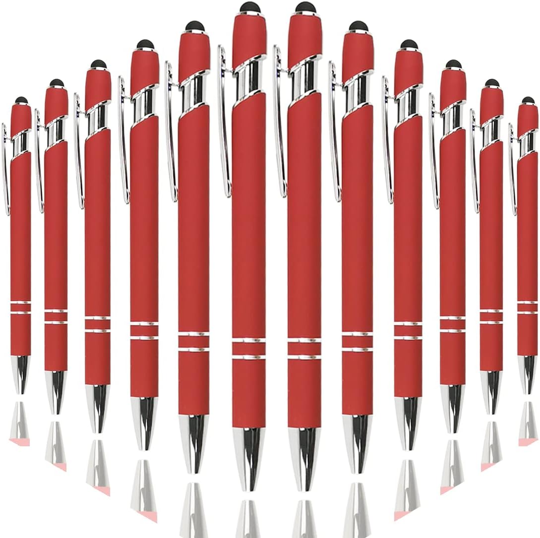 Oddmoal Ballpoint Pen with Stylus Tip, Soft Touch Click Metal Pen, 1.0mm Medium Point, Black Ink, 12 Count(Red)