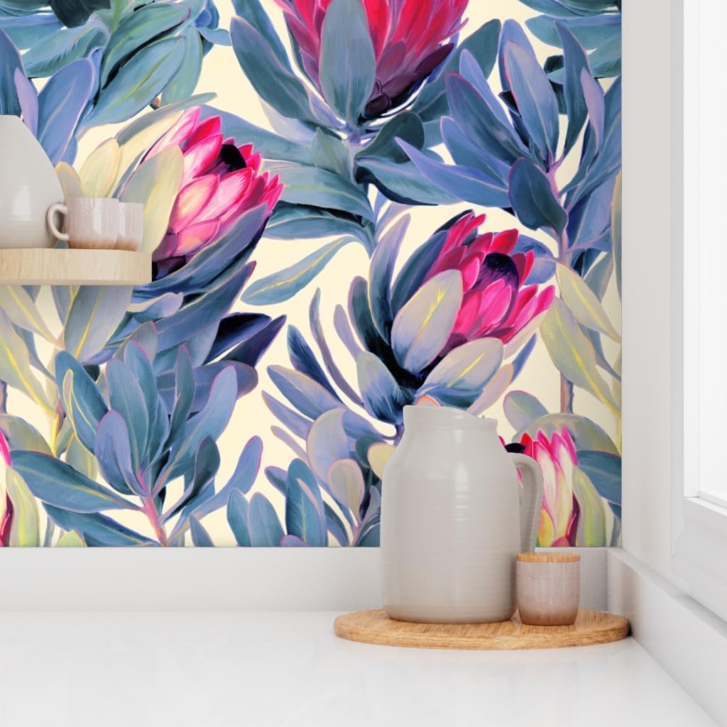 Peel & Stick Wallpaper 3ft x 2ft - Painted Protea Floral Magenta Gray Blue South Africa Custom Removable Wallpaper by Spoonflower