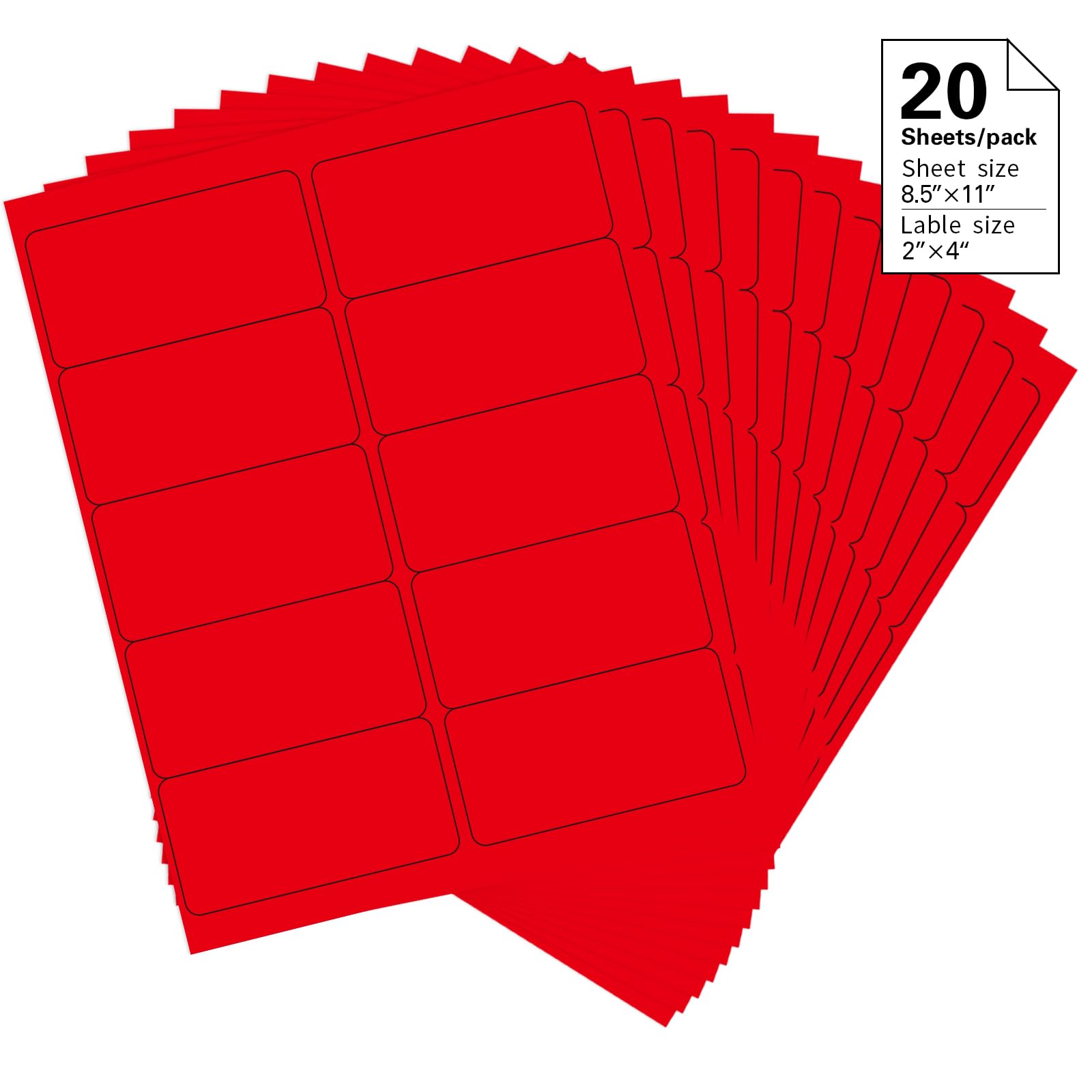Photo 1 of 2" x 4" Colored Address Labels, 200 Bright Red Label Stickers- Laser/Ink Jet Printer Mailing Labels, 8.5"x11" 20 per Sheet