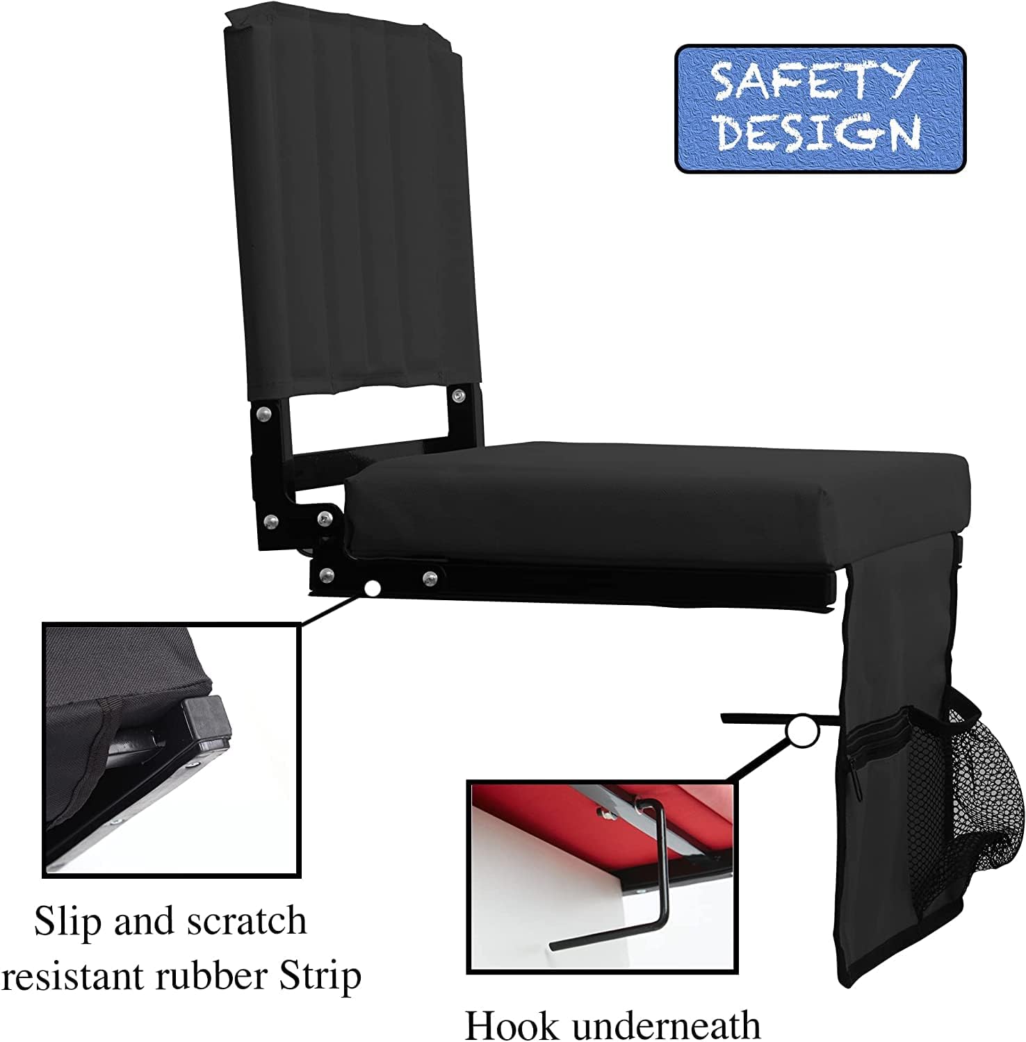 Amazing for less Stadium Seat for Bleachers with Padded Cushion Foldable Stadium Seat Chairs with Back Support, Shoulder Strap, Built-in Cup Holder (Black, 2-Chairs)