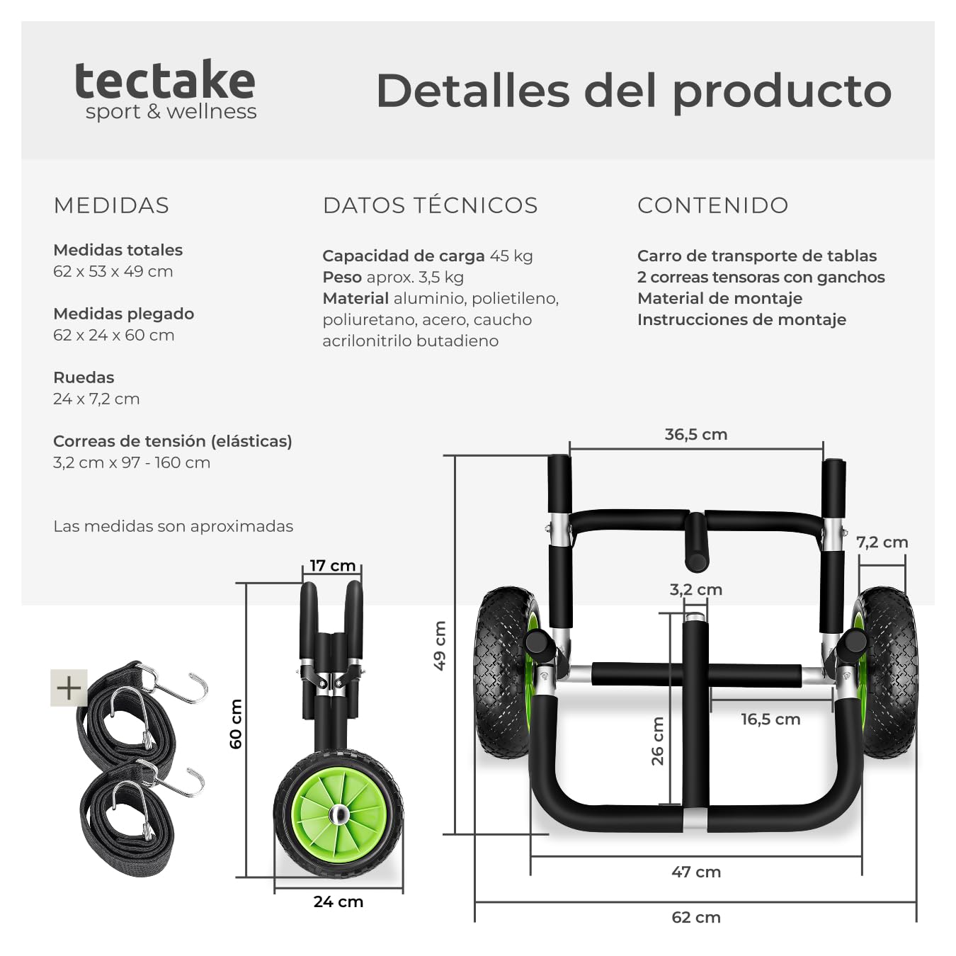 Tectake Carro de Transporte para Tabla de Surf o Padel Surf, Aluminio, 2 Tablas, Ruedas de 24 cm, Negro/Verde