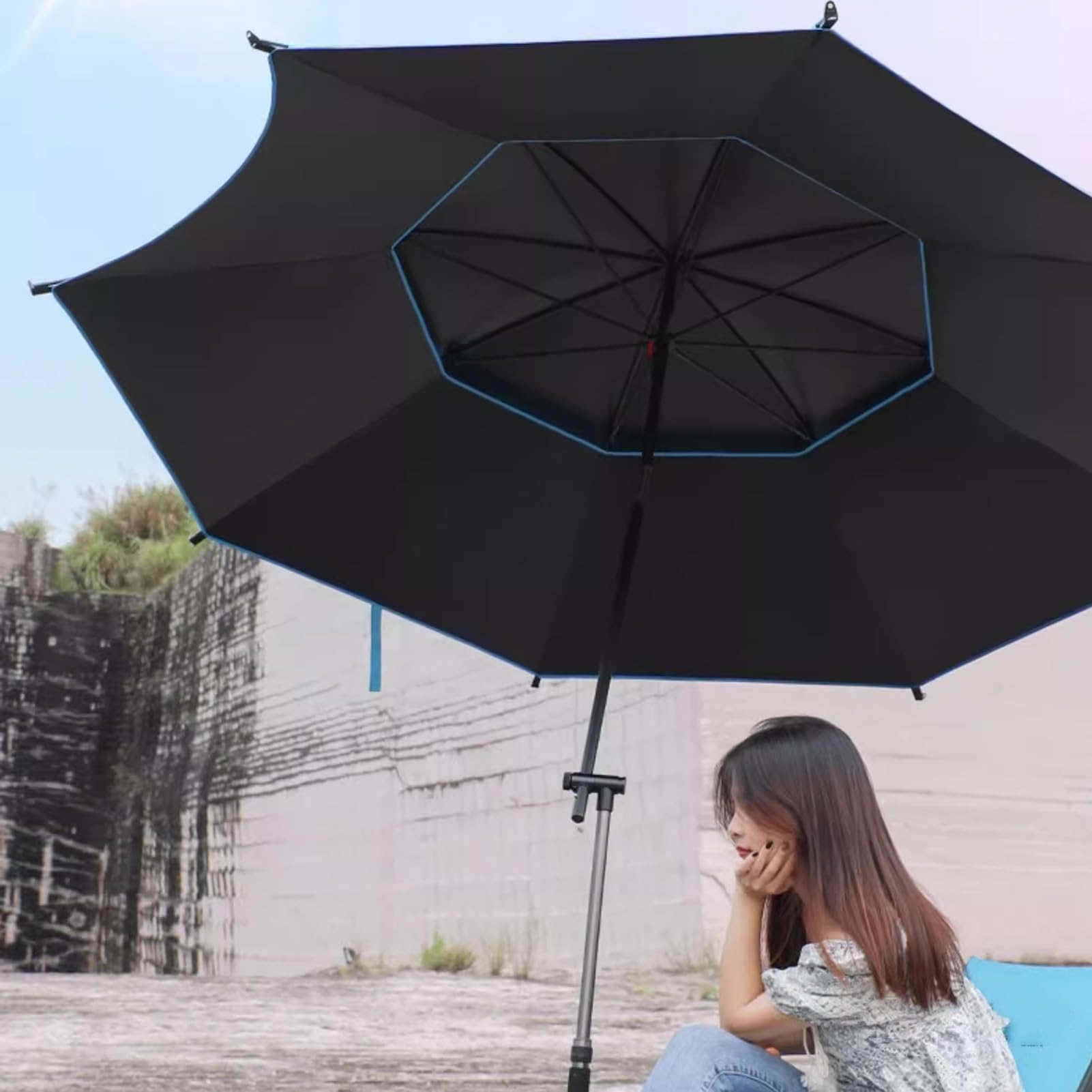 Wiatr Resisitance Beach Parasol z kotwicą piaskową, regulowana wysokość UPF 50+ przenośny parasol przeciwsłoneczny, uchylny parasol ogrodowy(200cm/6.6ft)