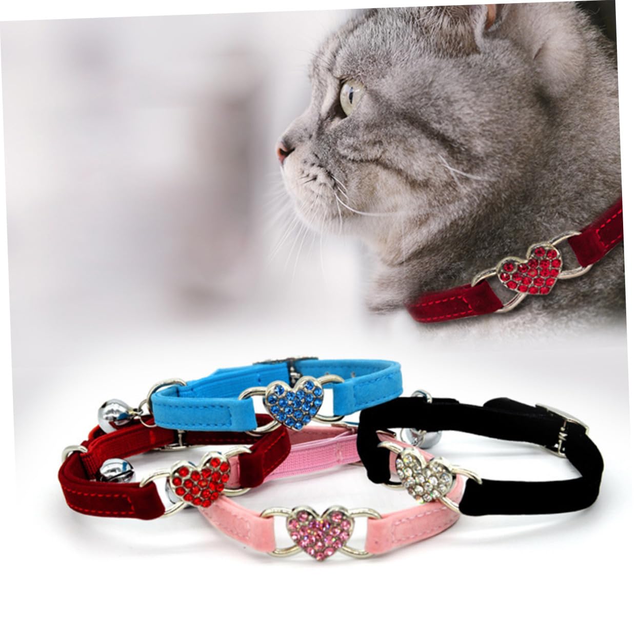 Abaodam Collier de Chat Ajustable Forme de Cœur avec Décor Cristallin et Clochette pour Chat et Animal de Compagnie
