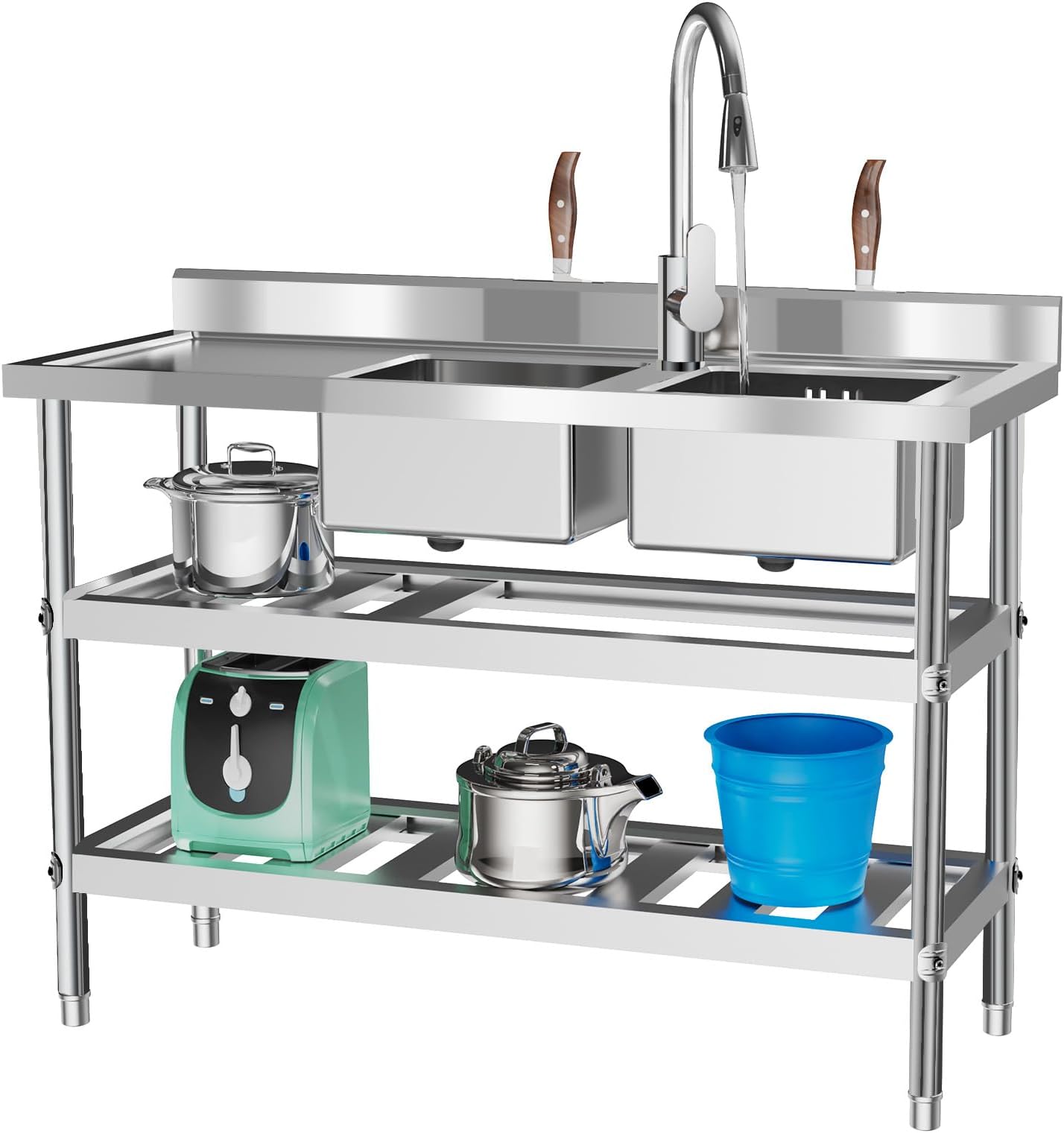 47.2โ x 17.7" x 31.9'' Double Bowl Kitchen Sink, Freestanding Double Basin Stainless Steel Prep Sink with Hot & Cold Water Faucet, Heavy Duty Utility Sink for Garages, Basements, Patios Use