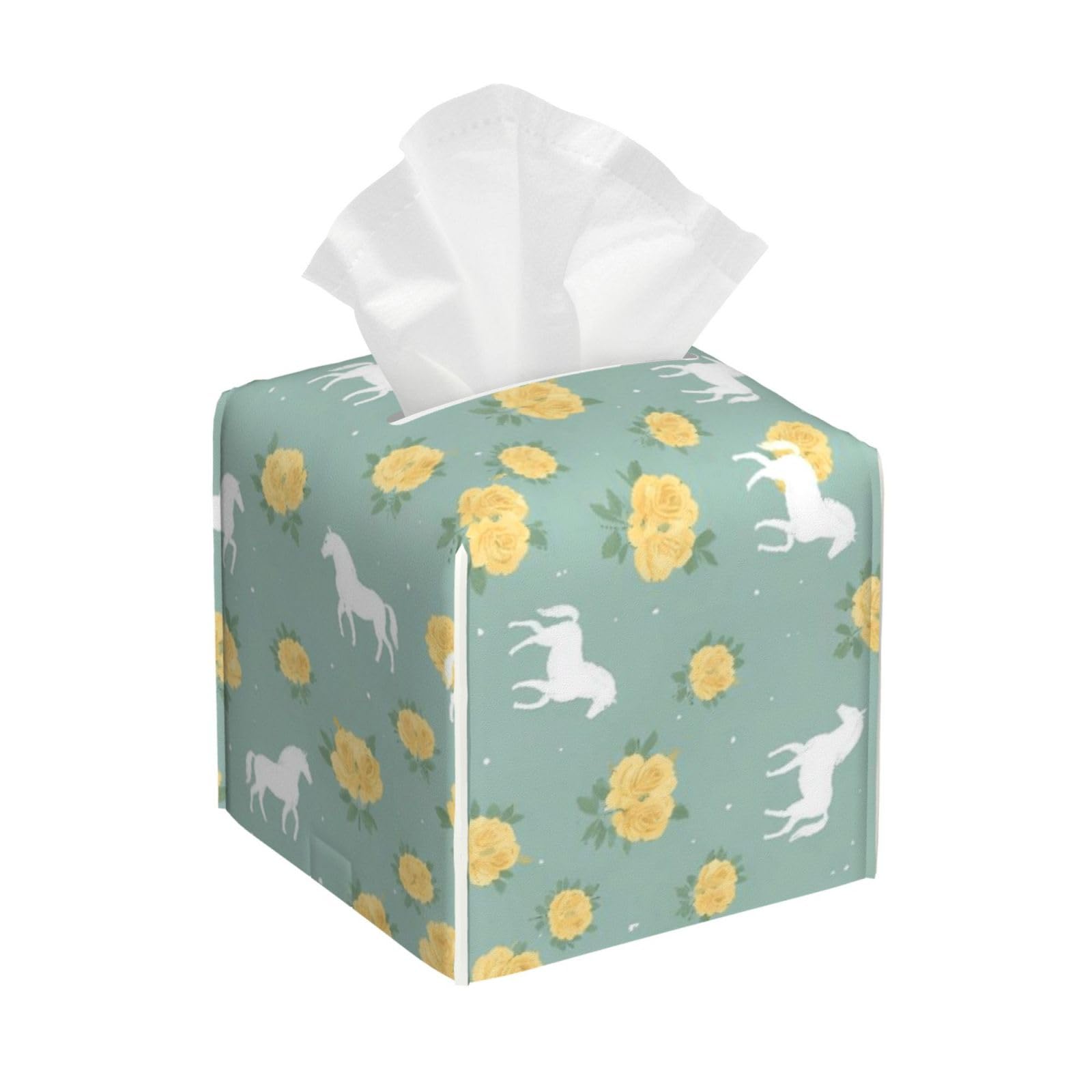 Floral Horse Roses Print Mint Green Leather Tissue Box Cover Holder Square Facial Paper Organizer 5.2" X 5.2" X 5.2"