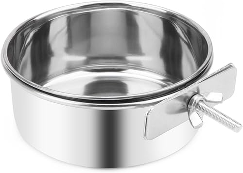Tazón de agua para alimentos para mascotas con soporte de abrazadera, comedero colgante de acero inoxidable para perro, pájaro, loro, gato, conejo