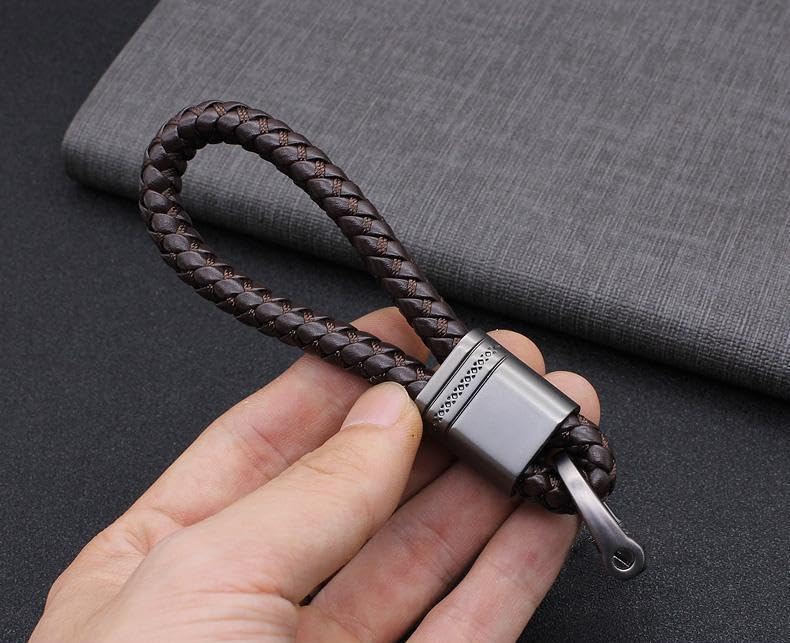 Alloy Metal Keychain with Leather Loop Universal Car Key Chain Accessory Brown — view 3