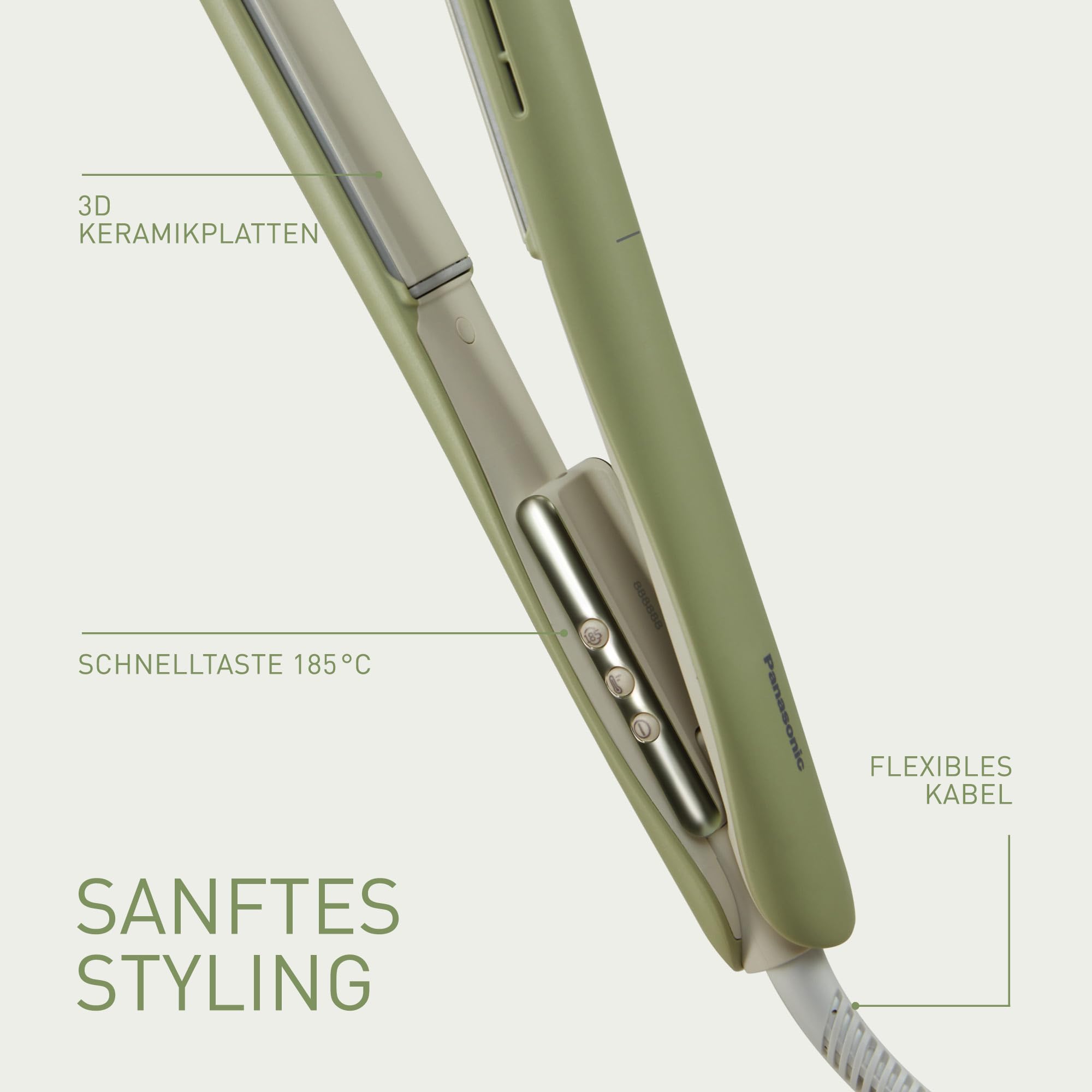 Panasonic EH-HV31-G503 2-in-1 Ionisches Haar-Styling-Gerät, Haarglätter und Lockenstab, 5 Hitzestufen bis 210°C, 3D-Platten, Reisesperre, Auto-Spannung, Matcha-Grün