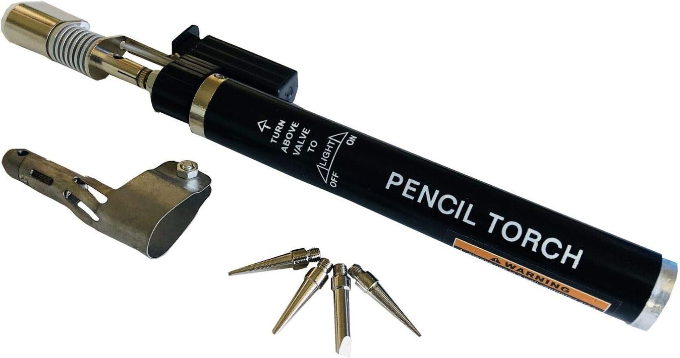 8" Butane Pencil Torch with Tips (Push Button Piezo Igniter)