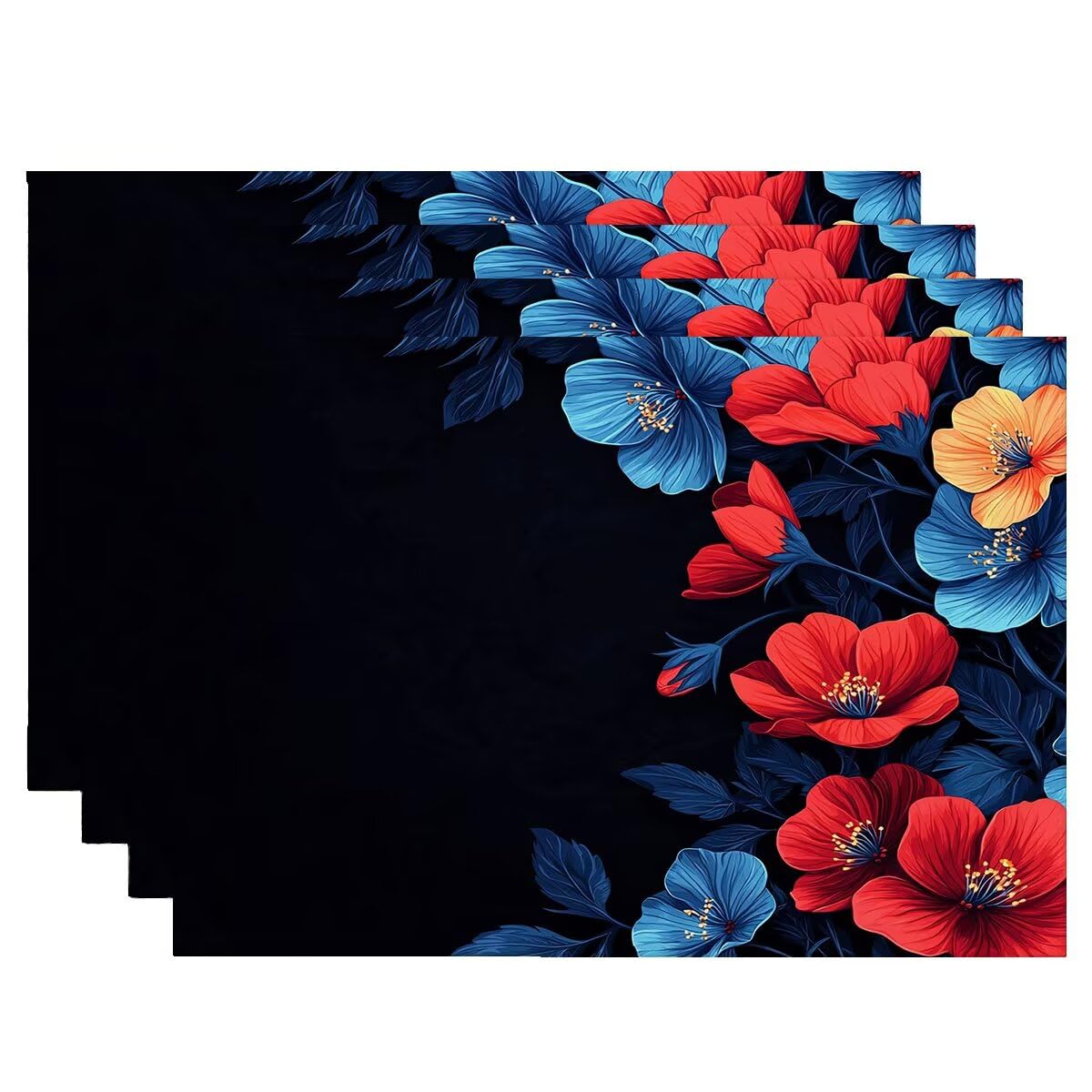 Set de table 50x35cm noir en lin lavable, lot de 4 dessous de table style floral chic - 3092