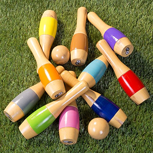 Lawn Bowling Game/Skittle Ball- Indoor And Outdoor Fun For Toddlers, Kids, Adults –10 Wooden Pins, 2 Balls, And Mesh Bag Set By Hey! Play! (9.5 Inch) #TOP4