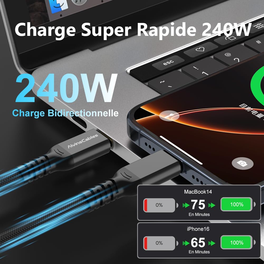 Alvin's Cables Câble Thunderbolt 5, 1ft USB-C vers USB-C Cable 120 Gbps 240W PD Fast Charging 16K Affichage, compatible avec Thunderbolt 4/3, USB4, pour MacBook, Egpu, Dock, Intel certifié