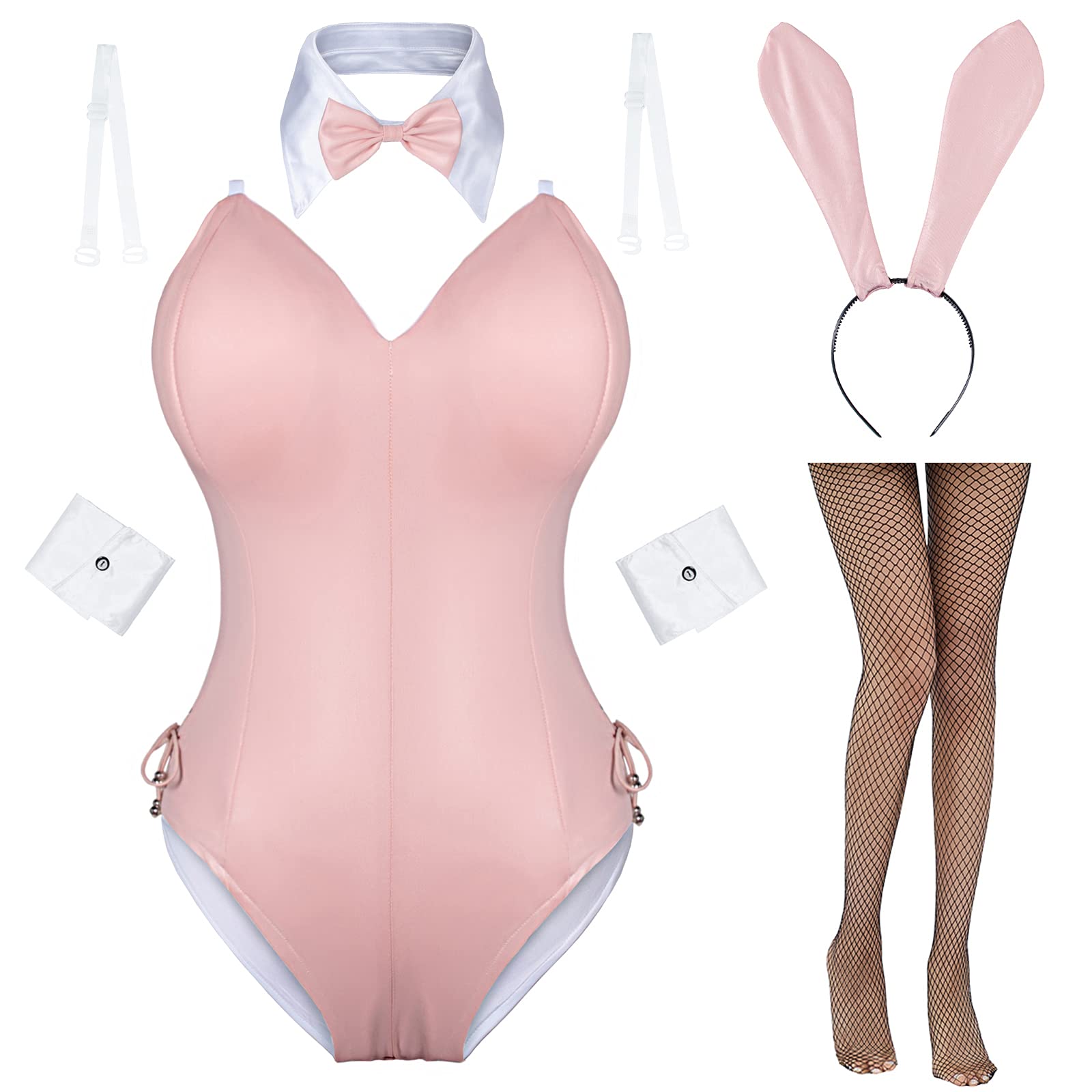 Womens Bunny Costume Girl Suit Senpai Cosplay Anime Role Costume One Piece Bodysuit Stockings Set: 3X-Large Pink-removable Padded