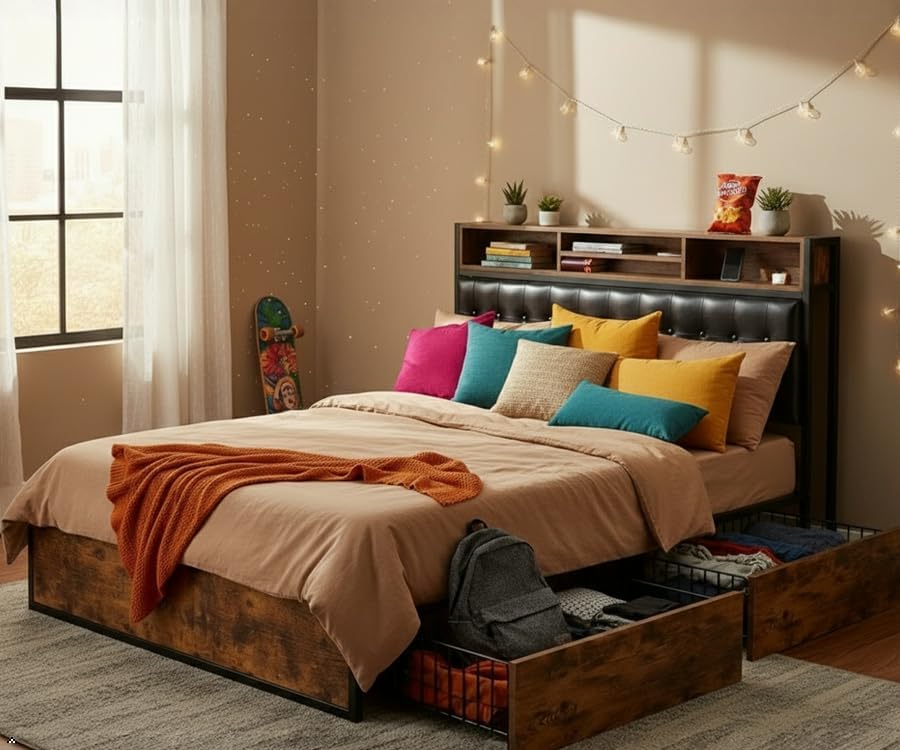 EnHomee Full Platform Bed Frame with 4 Storage Drawers & Charging Station, Upholstered Tufted 2-Tier Headboard, 1100 LBS Heavy Duty, Noise-Free, No Box Spring Needed, Vintage Brown