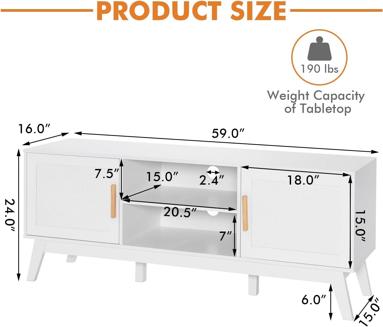 LOKO Natural Rattan TV Stand for 65-Inch TV, Media Storage Cabinet with 2 Doors, Adjustable Shelf, Modern Media Entertainment Center with Cable Management Holes for Living Room, Bedroom