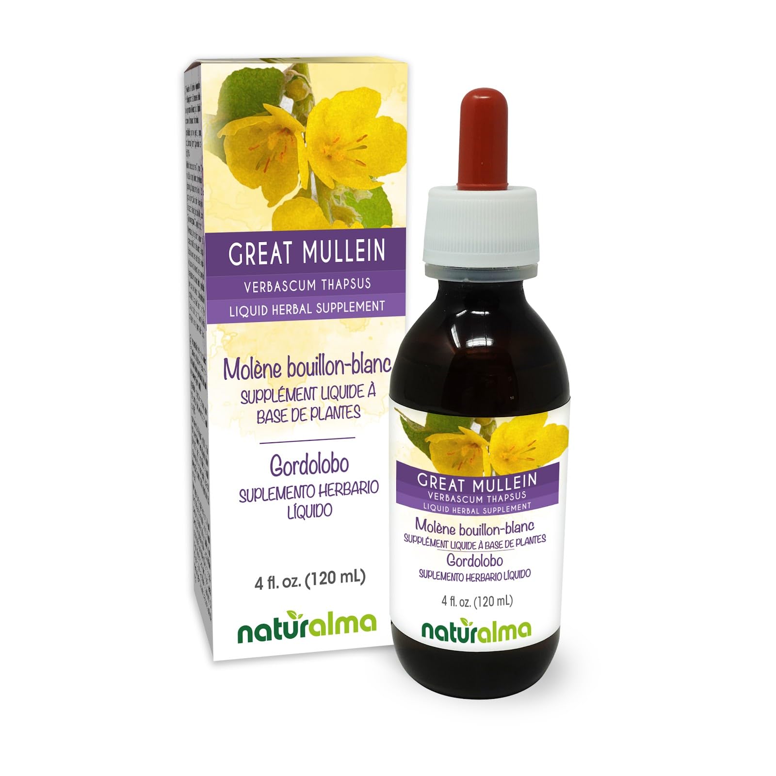 Naturalma Great Mullein or Common Mullein (Verbascum thapsus) Flower and Leaf Alcohol-Free Tincture - 4 fl oz Liquid Extract in Drops - Herbal Supplement - Vegan 4 Fl Oz (Pack of 1)