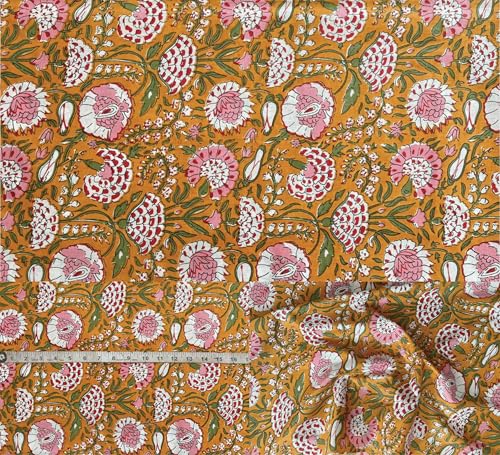 Indian Hand Block Print 60/60 Brown 100% Cotton Fabric by The Yard, Lightweight Floral Quilting & Sewing Fabric for Dressmaking, Upholstery & DIY Craft (TS-177 Brown, 1 Yard Pre Cut)