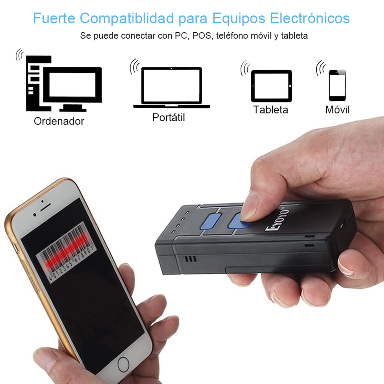 Eyoyo 1D Escáner de Código de Barras Bluetooth, CCD Mini Lector de Código de Barras Portátil Inalámbrico CMOS Pistola de Codigo de Barras para POS, Teléfonos Móvil, Android, iOS, Librería y Farmacia
