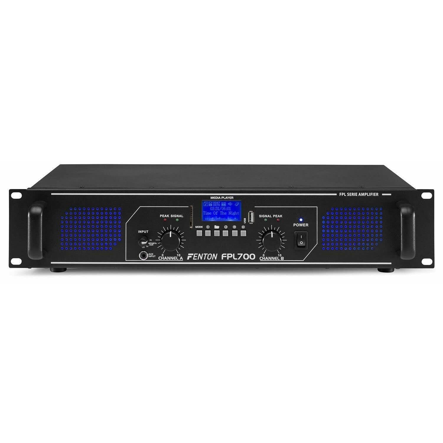 Fenton FPL700 Amplificador de 700 vatios, amplificador de potencia de 3 canales, amplificador digital con Bluetooth, AUX, USB, reproductor MP3, amplificador de potencia multicanal, negro