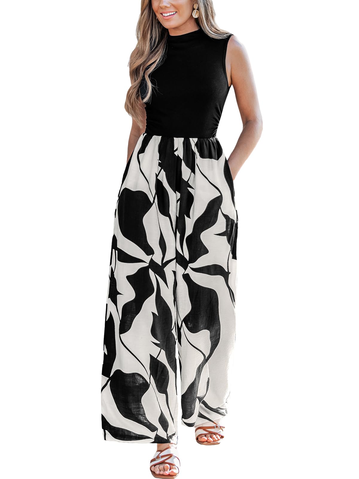 CUPSHE Damen Sommer Jumpsuit Tropisch Ärmellos Stehkragen Elegant Overall | Elastische Taille, Fließender Fall, Moderner Kontrast-Print, Bequemer Sitz, Ideal für Urlaub, Dinner und Partys