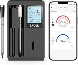 BFOUR True Wireless Meat Thermometer with Dual Meat Probes, Wireless Bluetooth Meat Thermometer with LCD Screen, Meat Thermometer for Grilling Smoker BBQ Oven Rotisserie（Waterproof, Rechargeable）