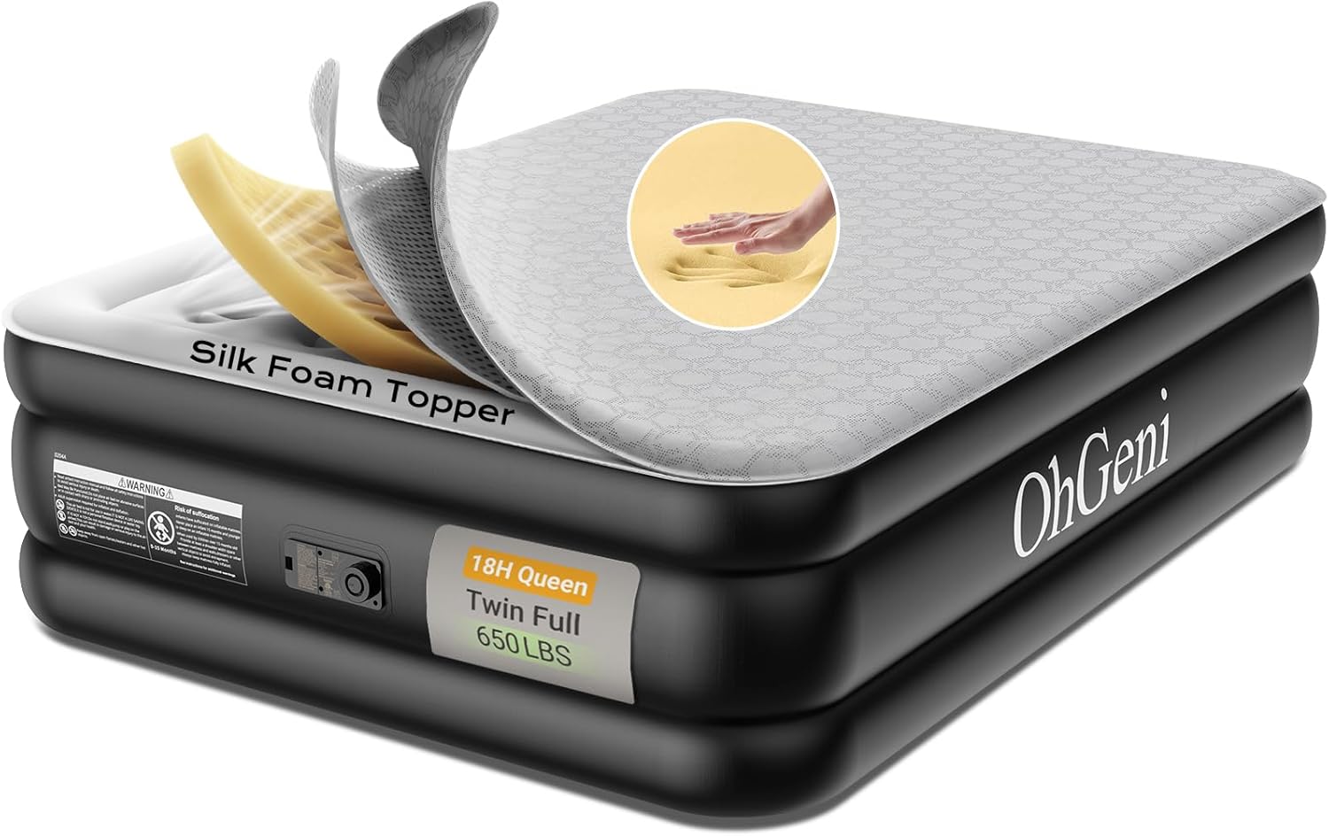 OhGeni 18" Luxury Air Mattress Queen with Built-in Pump, Silk Foam Topper Inflatable Bed for Superior Comfort, Premium Blow-Up Mattress for Home & Guest, Easy Setup, Extra Support, Black Queen 18"(Easy Access Height)