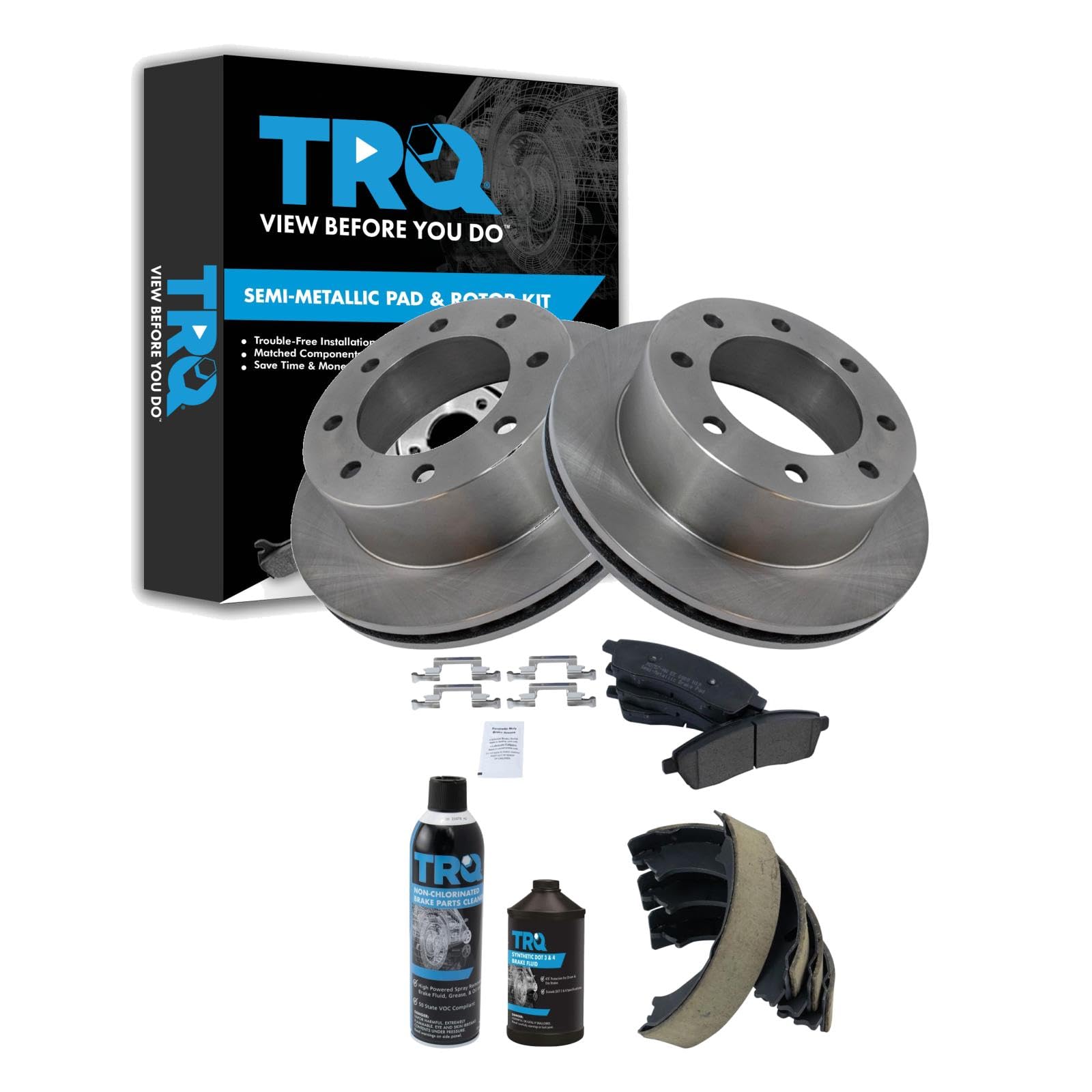 TRQ Rear Brake Pad &amp; Rotor Kit, with Chemical Kit Parking Brake Shoe Set Semi-Metallic Compatible with 2000-2005 Ford Excursion 1999-2004 F-250 Super Duty F-350 Super Duty
