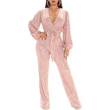 ECDAHICC Womens Sexy Sequins Sparkling Jumpsuits Deep V Neck Long Sleeve Shiny Belted Wide Leg Pants Romper Clubwear