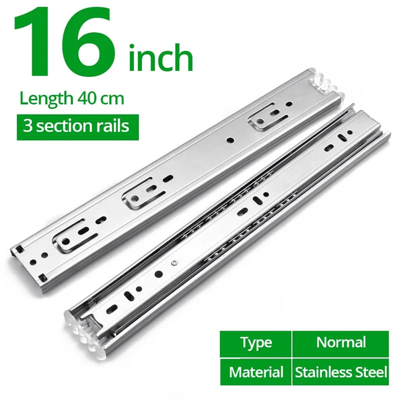 Schubladenschienen Buffer Damper Rails 10"-22" Stainless Steel Cabinet Slides Soft Close Three-Section Drawer Hardware für Küchenschränke(Normal 16inch 40cm)