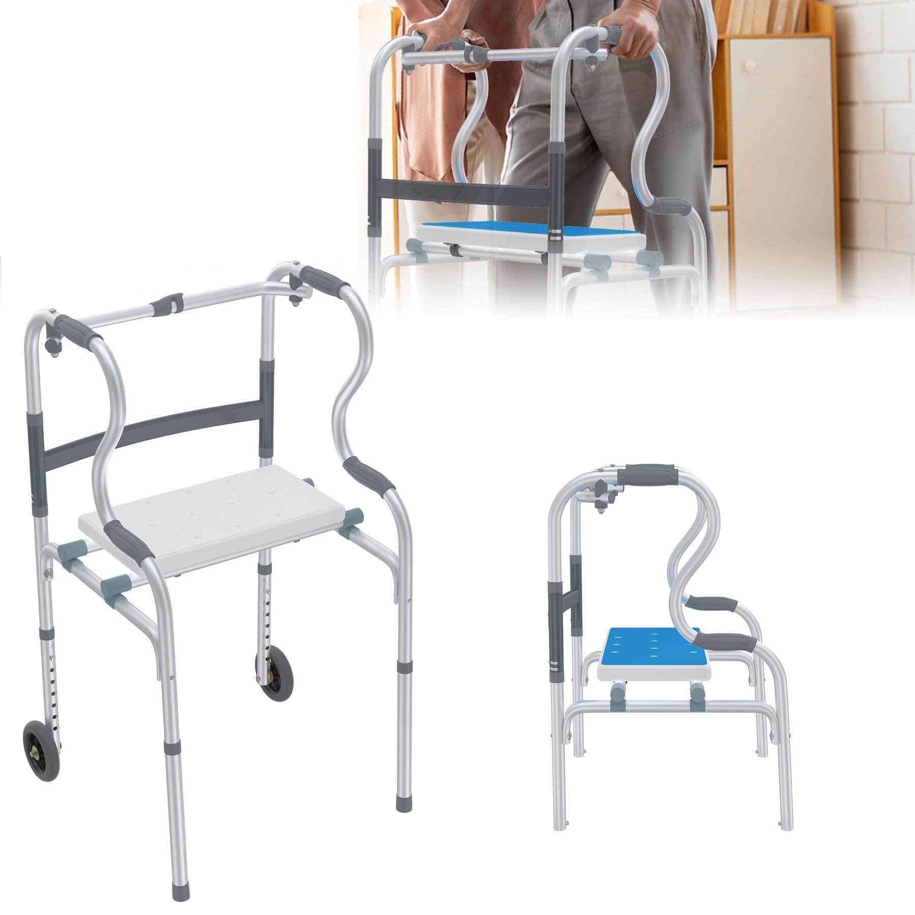UISEBRT Składany wózek do chodzenia z aluminium z 2 kółkami i ergonomicznym uchwytem, 8-stopniowa regulacja wysokości ze zdejmowanym siedziskiem, antypoślizgowa, stabilna pomoc w poruszaniu się dla